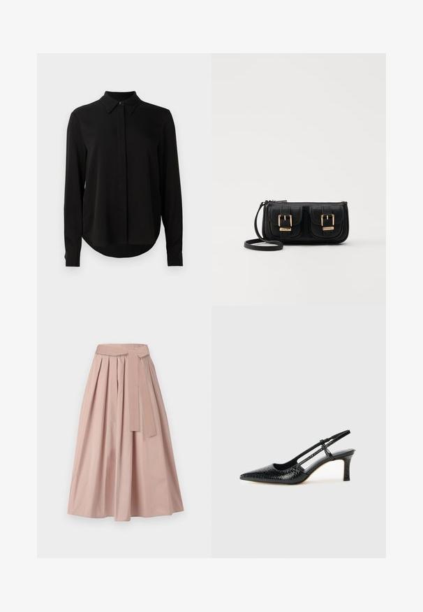 Zwarte blouse met lange mouwen, spitse kraag, verborgen knoopsluiting en afgeronde zoom tegen een eenvoudige witte achtergrond.; Roze midi rok van gestructureerde stof, met plooien, een gestrikt tailleband en een A-lijn silhouet. Gladde textuur zonder zichtbare patronen.; Zwart patent slingback hak met een spitse neus, voorzien van een gestructureerde slangenprint, verstelbare band en een korte, gestructureerde blokhak.; Zwarte leren schoudertas met twee vo pockets, gouden gespen, ritsluiting en een smalle band. Tekstuur oppervlak en compacte rechthoekige vorm.
