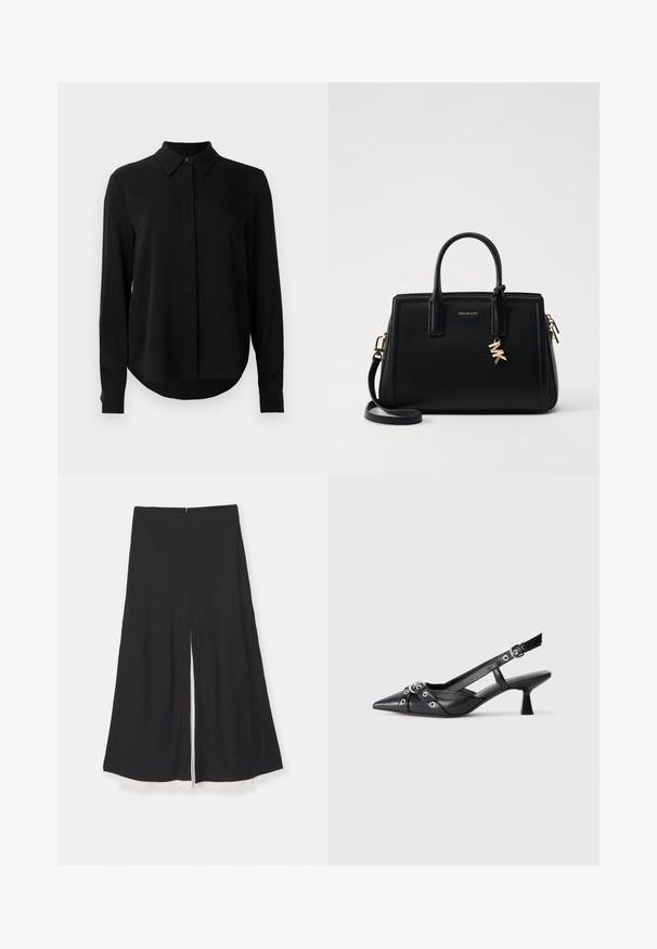 Črna bluzica z dolgimi rokavi, z ostrim ovratnikom, skrito gumbasto zapenjanje in ukrivljenim robom, v nasprotju z enobarvno belo podlago.; Črne široke hlače z razporkom spredaj, z gladko teksturo in kontrastno belo oblogo na robu. Zadrga na hrbtni strani.; Črne usnjene sandale središnje zaponke z ostro konico, okrasnimi trakovi z kovinskimi očesi in nizko blokasto peto. Teksturirana površina.; Črna usnjena torbica s strukturirano zasnovo, dvema zgornjima ročajema, odstranjevanim naramnim trakom, zlatim okovjem in dodatkom z logotipom.