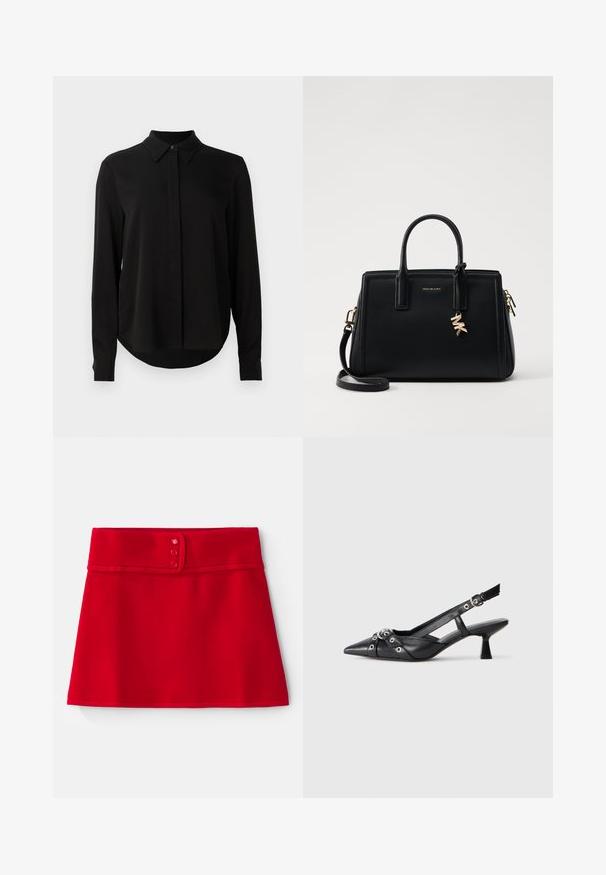 Čierna blúzka s dlhým rukávom, špicatým golierom, skrytou gombíkovou légou a zakriveným lemom na jasne bielom pozadí.; Červená áčková sukňa vyrobená z hladkej látky so širokým pásom, ktorý je ozdobený trojicou ružových gombíkov a zakončením s obnitkovaným dolným okrajom.; Čierne kožené slingback topánky s špicatou špičkou, ozdobnými popruhmi s kovovými očkami a nízkym blokovým podpätkom. Textúrovaný povrch.; Čierna kožená kabelka so štruktúrovaným dizajnom, dvojitými hornými uchami, odnímateľným ramenným popruhom, zlatými kovovými detailmi a akcentom logového prívesku.