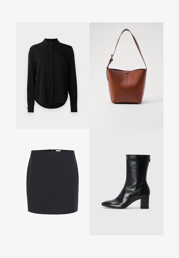 Mustat pitkähihaiset puserot, joissa on terävä kaulus, piilotettu nappilista ja kaareva helma yksinkertaista valkoista taustaa vasten.; Tummansininen hame, jossa on pystysuorat valkoiset raitat, slim fit -malli, sileä pinta ja takakappi suljenta, helma käännetty.; Musta nahkainen nilkkuri, jossa on terävä kärki ja 4 cm:n lohkokorko. Tyylikäs muotoilu sisältää sivuvetoketjun helppoa pukeutumista varten. Siro pinta.; Kahvinahkainen olkalaukku, jossa on kaareva muoto, sileä pinta ja yksi ohut hihna. Sisältää hienovaraisen sauman ja pienen logotarkin.