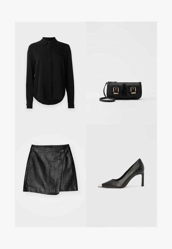 Blusa negra de manga larga con cuello puntiagudo, tapeta de botones oculta y dobladillo curvado sobre un fondo blanco liso.; Minifalda de cuero negro con un diseño de envoltura asimétrica, que presenta una textura suave y un cierre de cremallera en la parte trasera.; Zapato de tacón alto de cuero negro con punta en forma de pico y una tapa metálica plateada. Presenta un acabado suave y un tacón delgado de 10 cm.; Bolso cruzado de cuero negro con dos bolsillos frontales, hebillas doradas, cierre de cremallera y una correa delgada. Superficie texturizada y forma rectangular compacta.