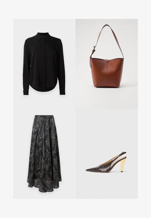 Black long-sleeve blouse with pointed collar, concealed button placket, and curved hem against a plain white background.; Paul & Joe JUPE - Maxi skirt - marine; Pointed-toe slingback heel in dark brown glossy faux crocodile leather. Features a gold-tone geometric heel and adjustable ankle strap.; Brown leather shoulder bag with a curved shape, smooth texture, and a single thin strap. Features a subtle seam and a small logo detail.