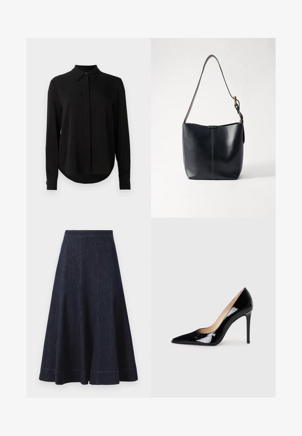 Mustat pitkähihaiset puserot, joissa on terävä kaulus, piilotettu nappilista ja kaareva helma yksinkertaista valkoista taustaa vasten.; Tummansininen farkkuhame, jossa on levenevä siluetti. Hameessa on pystysaumadetaileja ja kontrastiväriset oranssit tikkausompelut helman reunassa.; Mustat patentoitu nahkakengät, joissa on korkea korko ja terävä kärki, luovat sulavan siluetin. Kengissä on sileä, kiiltävä pinta ja hoikka stiletto-korko.; Musta nahkainen olkalaukku, jossa on sileä pinta, ohut ja pitkä hihna sekä hienovarainen ommeltu yksityiskohta keskellä.