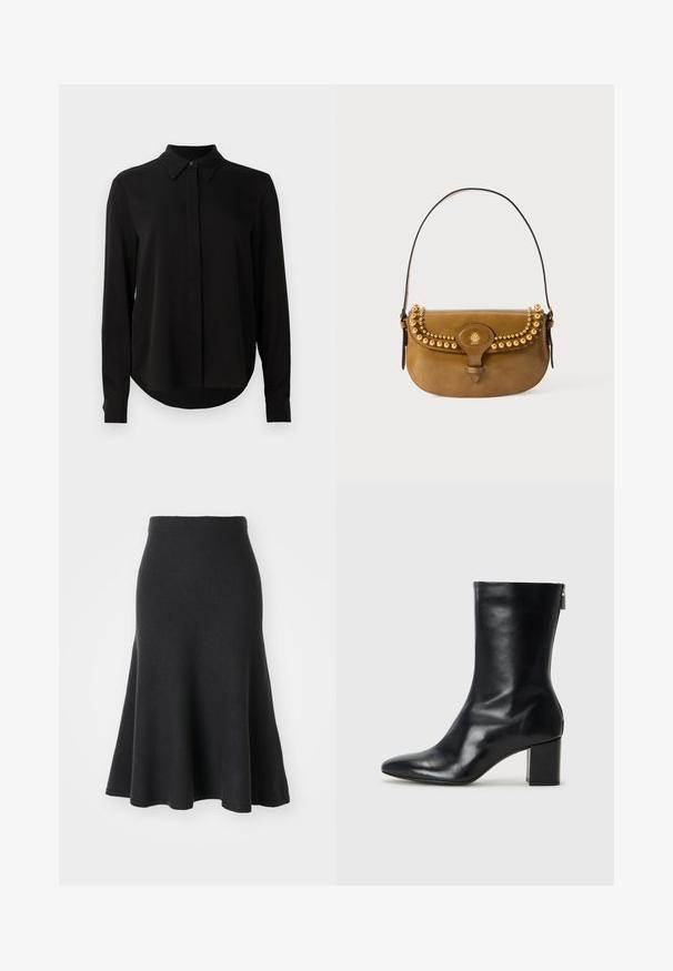 Mustat pitkähihaiset puserot, joissa on terävä kaulus, piilotettu nappilista ja kaareva helma yksinkertaista valkoista taustaa vasten.; Musta leveähelmainen hame pehmeästä kankaasta, jossa on korkea vyötärö, sileä pinta ja A-linjainen siluetti, joka ulottuu puoliväliin pohkeita.; Musta nahkainen nilkkuri, jossa on terävä kärki ja 4 cm:n lohkokorko. Tyylikäs muotoilu sisältää sivuvetoketjun helppoa pukeutumista varten. Siro pinta.; Ruskean nahkainen käsilaukku, jossa on kaareva muotoilu. Laukussa on kultaiset niitit ylhäällä, lyhyt hihna ja solkikiinnitys.