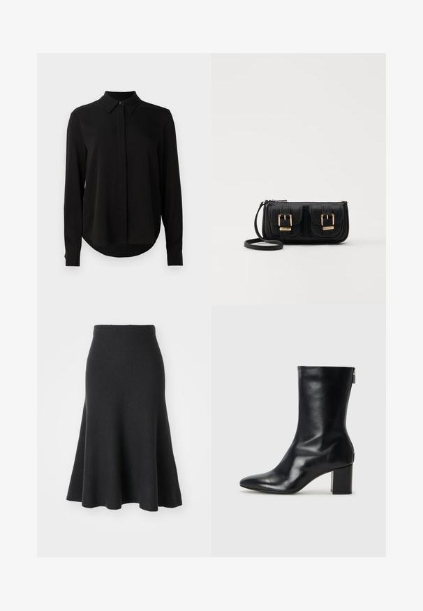 Fekete hosszú ujjú blúz hegyes gallérral, rejtett gombsorttal és ívelt aljjal egy sima fehér háttér előtt.; Fekete, bővülő szoknya, puha anyagból készült, magas derékkal, sima textúrával és A-vonalú sziluettel, amely a térdig ér.; Fekete bőr bokacipő hegyes orral és 4 cm-es blokkfallal. Simán díszített designja oldalra nyíló cipzárral rendelkezik, ami megkönnyíti a felvételt. Simább textúrával.; Fekete bőr keresztbody táska két elülső zsebbel, arany csattokkal, cipzáras záródással és vékony pánttal. Textúrált felület és kompakt téglalap alak.