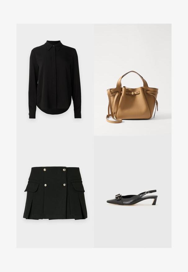 Schwarze Bluse mit langen Ärmeln, spitzem Kragen, verdeckter Knopfleiste und abgerundetem Saum vor einem schlichten weißen Hintergrund.; Schwarzer, plissierter Minirock aus strukturiertem Gewebe, ausgestattet mit zwei Fronttaschen und goldfarbenen Knopfakzenten.; Schwarzer Leder Slingback-Schuh mit spitzer Zehenform, kleinem Absatz und dekorativem Schnallen-Detail auf dem Obermaterial. Glatte Textur, minimalistisches Design.; Tory Burch ROMY PEBBLED SATCHEL - Handtasche - tiramisu