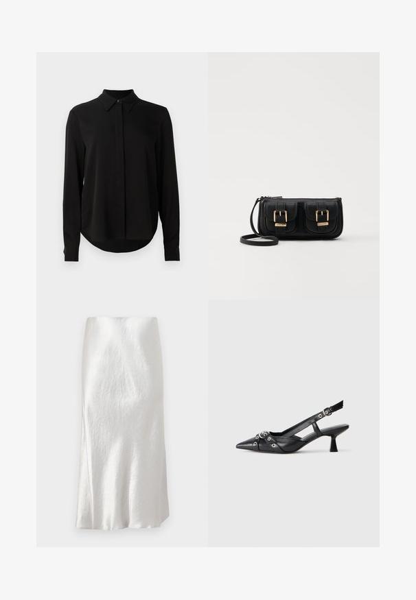 Bluză lungă neagră cu mâneci lungi, guler ascuțit, placket cu nasturi ascunși și tiv curbat pe un fundal alb simplu.; Fustă midi din satin alb cu o textură ușor crinkled, design ușor evazat și finisaj neted, având o talie ascunsă.; Pantofii slingback din piele neagră, cu vârful ascuțit, curele decorative cu ochiuri din metal și toc bloc mic. Suprafață texturată.; Geantă neagră din piele, tip crossbody, cu două buzunare frontale, catarame aurii, închidere cu fermoar și o curea subțire. Suprafață texturată și formă rectangulară compactă.
