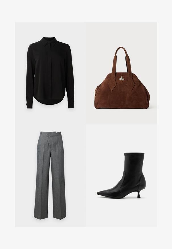 Melna garo piedurkņu blūze ar norādītu apkakli, slēptu pogu aizdari un izliekta apakšmala uz vienkārša balta fona.; Platas kājas bikses tumši pelēkā audumā ar augstu jostasvietu, priekšējo šķērsplātņu un vienu pogas aizdari sānos.; Melnu ādas potīšu zābaks ar sašaurinātu siluetu, elastīgu augšdaļu un īsu, plānu papēdi. Gluda tekstūra un minimālas šuvju detaļas.; Brūns zamšādas rokassoma ar strukturētu formu, noapaļotu korpusu un pagarinātām dimanta formas rokturiem. Aprīkota ar sudraba krāsas aizdari.