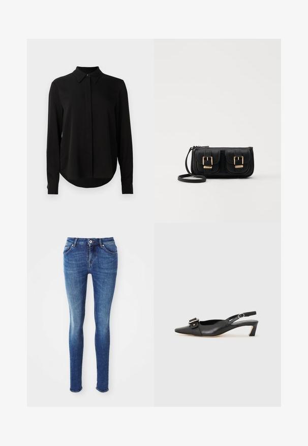 Fekete hosszú ujjú blúz hegyes gallérral, rejtett gombsorttal és ívelt aljjal egy sima fehér háttér előtt.; Kék farmer skinny nadrág sima textúrával, közepes magasságú derékkal, öt zsebbel és világos kopással a combokon. Fém gomb és cipzáras záródás jellemzi.; Fekete bőr szandál kis sarkú, hegyes orral, díszes csattal a felsőrészen. Simább textúra, minimalista design.; Fekete bőr keresztbody táska két elülső zsebbel, arany csattokkal, cipzáras záródással és vékony pánttal. Textúrált felület és kompakt téglalap alak.