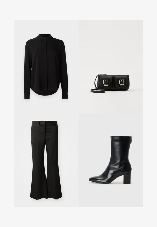 Mustmustärgne, pikkade varrukatega pluus terava kraega, varjatud nööpide ridadega ja kõverate servadega, valge tausta ees.; Mustad laiad püksid, mis on valmistatud siledast materjalist, keskmise kõrgusega vöökohaga ja puhta, kohandatud disainiga, ilma nähtavate kaunistusteta.; Must musta ankle boot teravaid varvastega ja 4 cm plokknõela. Suurepärase disainiga, millel on külgrihm lihtsaks läbi panemiseks. Sile tekstuur.; Must küllastamata nahast õlakott, millel on kaks esist nähtavat taskut, kuldsed pandlad, tõmblukuga sulgemine ja peen rihm. Tekstuuriga pind ja kompaktne ristkülikukujuline kuju.