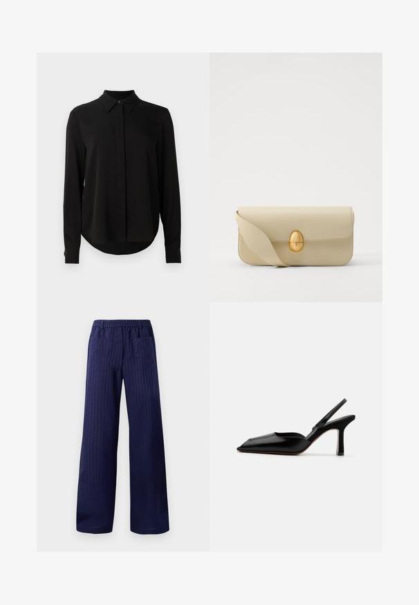 Juoda ilgomis rankovėmis blusa su smailiu apykakle, paslėptu mygtukų užsegimu ir kreivu hemu ant vientiso balto fono.; Jūrų laivyno plačios kelnės su tekstūruotu paviršiumi, elastinga juosmens juosta ir dviem užpakalinėmis kišenėmis. Pagamintos iš lengvos, kvėpuojančios medžiagos.; Juodas odinis slingback kulnas su smailiu nosiu, minimalizmo stilius, plonas kulkšnies dirželis ir elegantiškas stiletto kulnas. Lygus paviršius.; Bežinė odinė rankinė su lygiu paviršiumi, stačiakampio formos ir auksiniu ovaliu užsegimu. Yra ilga, reguliuojama petneša.