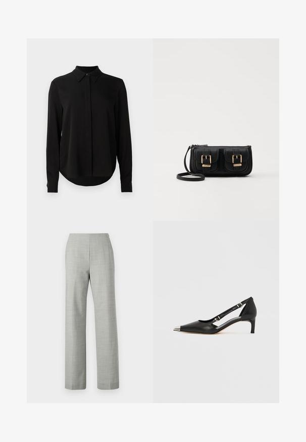 Svart langermet bluse med spiss krage, skjult knappestang og buet kant mot en enkel hvit bakgrunn.; Grå skreddersydde bukser med en rett ben-design, laget av et teksturert stoff. Har en glatt midje og en ren, minimalistisk finish.; Sort skinn kittenhel med spiss sølv tåhette og doble spenne-stropper på hvit bakgrunn.; Svart skinn crossbody veske med to frontlommer, gyldne spenner, glidelåslukking og en slank stropp. Teksturert overflate og kompakt rektangulær form.