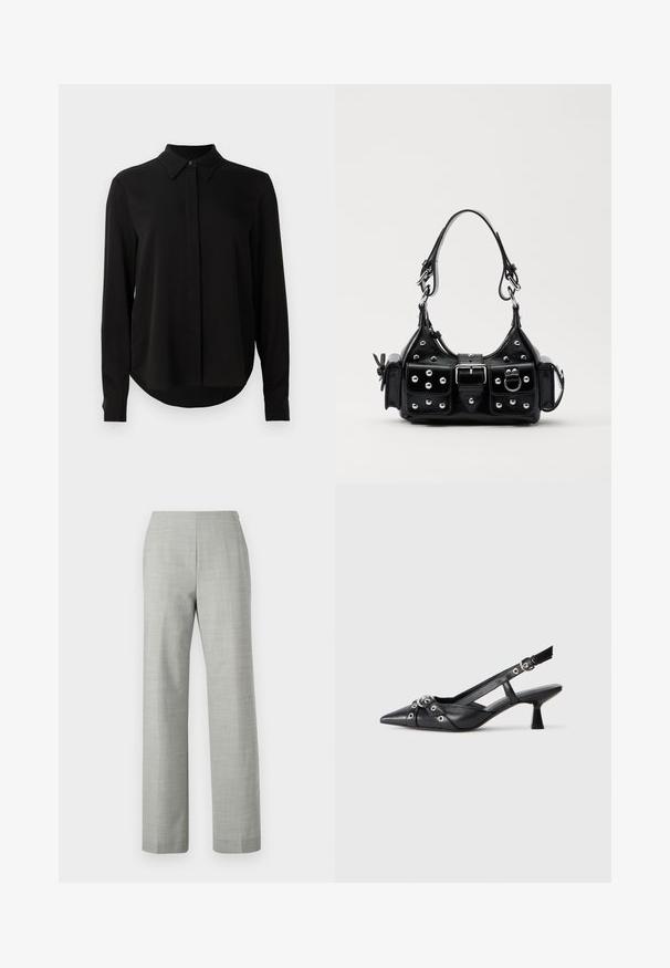Crna bluzica dugih rukava s oštrim ovratnikom, skrivenim kopčanjem i zakrivljenim rubom na jednoj bijeloj pozadini.; Sive krojene hlače ravnog kroja, napravljene od teksturiranog materijala. Imaju glatki pojas i čistu, minimalističku završnu obradu.; Crne kožne cipele s remenom oko pete, s izduženim vrhom, dekorativnim trakama s metalnim rupama i niskom blok petom. Teksturirana površina.; Crna kožna torba s zakrivljenim dizajnom, koja sadrži srebrne zakovice, kopču i dva bočna džepa. Podesiva traka za različite opcije nošenja.