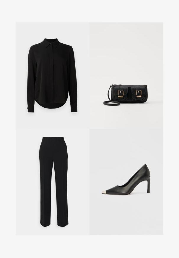 Blusa nera a maniche lunghe con colletto a punta, patta dei bottoni nascosta e orlo curvo su uno sfondo bianco semplice.; Pantaloni neri a gamba dritta con una texture liscia. Presentano una vita e nessun motivo o accento visibile. Design classico e sartoriale.; Scarpa con tacco alto in pelle nera con punta affilata e cappuccio metallico argento. Presenta una finitura liscia e un tacco sottile di 10 cm.; Borsa a tracolla nera in pelle con due tasche frontali, fibbie dorate, chiusura con zip e una tracolla sottile. Superficie texturizzata e forma rettangolare compatta.