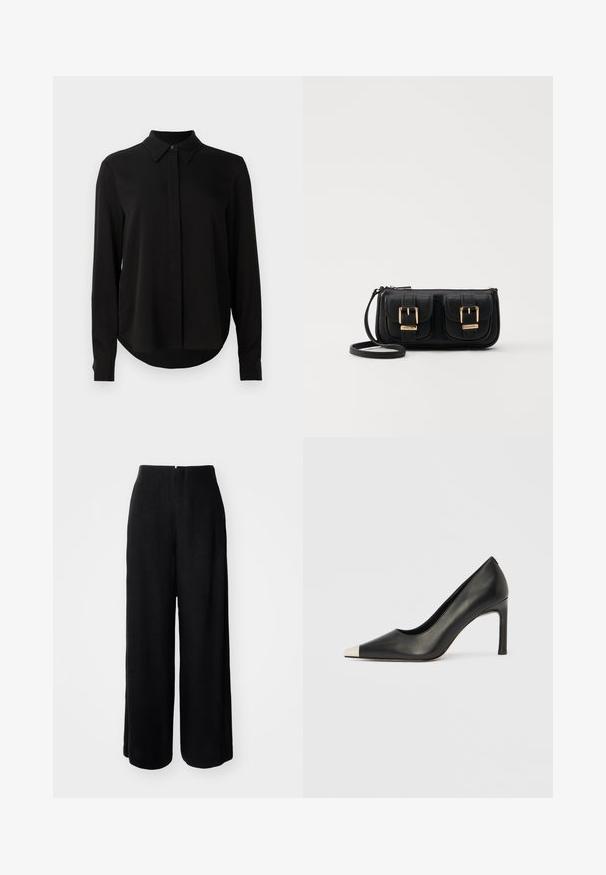 Černá halenka s dlouhým rukávem a špičatým límcem, skrytým zapínáním na knoflíky a zakřiveným lemem na jednobarevném bílém pozadí.; Černé široké kalhoty s hladkým povrchem, vysokým pasem a bez viditelných zapínání. Vyznačují se čistou siluetou a dlouhým střihem.; Černá kožená lodička na vysokém podpatku s špičatou špičkou a stříbrnou kovovou špičkou. Má hladký povrch a štíhlý 10cm podpatek.; Černá kožená crossbody taška se dvěma předními kapsami, zlatými přezkami, zipovým uzávěrem a štíhlým popruhem. Texturovaný povrch a kompaktní obdélníkový tvar.
