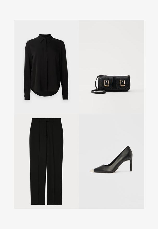 Svart langermet bluse med spiss krage, skjult knappestang og buet kant mot en enkel hvit bakgrunn.; Sorte bukser laget av glatt stoff, med rett ben-design, to frontfolder, og en tradisjonell midje med beltehemper.; Svart lærsko med høye hæler, spiss tå og metallisk sølvhette. Har en glatt finish og en slank hæl på 10 cm.; Svart skinn crossbody veske med to frontlommer, gyldne spenner, glidelåslukking og en slank stropp. Teksturert overflate og kompakt rektangulær form.