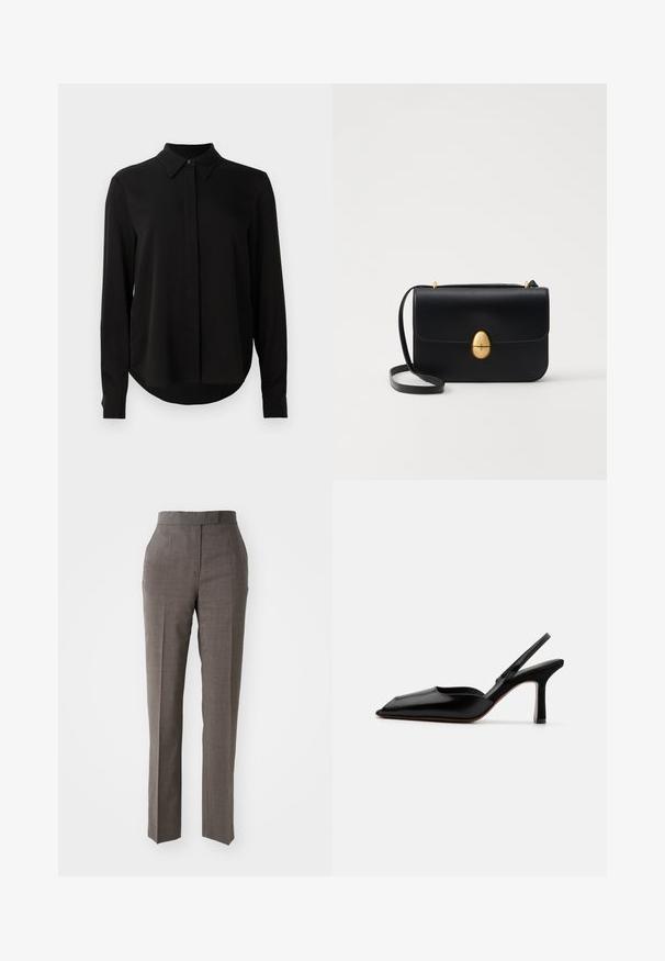 Fekete hosszú ujjú blúz hegyes gallérral, rejtett gombsorttal és ívelt aljjal egy sima fehér háttér előtt.; Szürke szabott nadrág egyenes szabással, texturált anyagból, közép magas derékkal és két elülső zsebbel. Nincsenek látható kapcsok vagy minták.; Fekete bőr szandál sarkú cipő hegyes orral, minimalist designnal, vékony bokapánttal és karcsú tűsarkúval. Sima textúra.; Fekete bőr kézitáska, struktúrált, téglalap alakú formával. Arany ovális kapoccsal és vékony vállpánttal rendelkezik. Sima textúrájú.