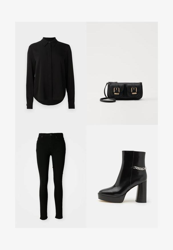 Blusa negra de manga larga con cuello puntiagudo, tapeta de botones oculta y dobladillo curvado sobre un fondo blanco liso.; Jeans ajustados negros de denim con una textura suave, que cuentan con cierre de botón, trabillas para el cinturón y sin ningún desgaste visible.; Botín de tobillo de charol negro con plataforma chunky y tacón alto en bloque. Presenta un acento de cadena plateada en el lateral. Textura suave.; Bolso cruzado de cuero negro con dos bolsillos frontales, hebillas doradas, cierre de cremallera y una correa delgada. Superficie texturizada y forma rectangular compacta.