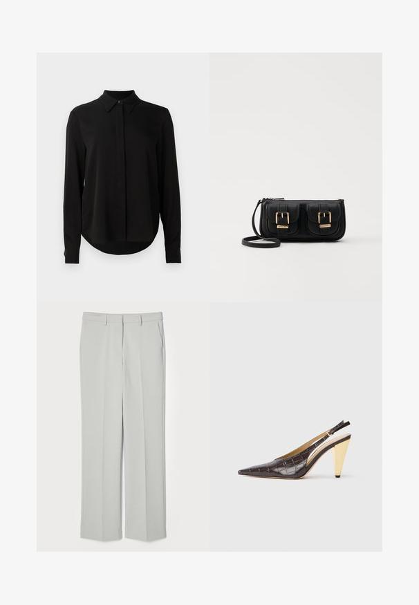 Black long-sleeve blouse with pointed collar, concealed button placket, and curved hem against a plain white background.; Light gray tailored trousers with a flat front, straight legs, and side pockets. Made from smooth fabric with a clean, minimal design.; Pointed-toe slingback heel in dark brown glossy faux crocodile leather. Features a gold-tone geometric heel and adjustable ankle strap.; Black leather crossbody bag with two front pockets, gold buckles, zipper closure, and a slim strap. Textured surface and compact rectangular shape.