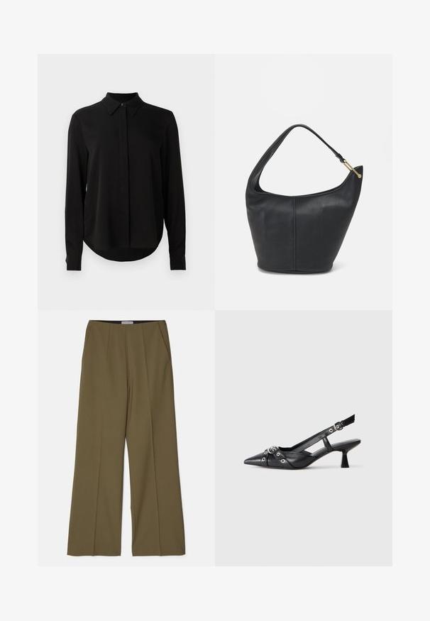 Mustmustärgne, pikkade varrukatega pluus terava kraega, varjatud nööpide ridadega ja kõverate servadega, valge tausta ees.; Olive roheline laiade säärtega püksid küljetaskutega ja esise kortsuga, valmistatud sujuvast kangast Tiger of Sweden'i poolt.; Must must have must toote tõmblukuga, dekoratiivsed rihmad metallist silmadega ja madal blokk-kand. Tekstureeritud pind.; Musthave musta nahast käekott ümarate servadega, laia rihmaga ja tekstureeritud pinnaga. Omab peenelt õmblust detailina ning kullatooni aksessuaare.