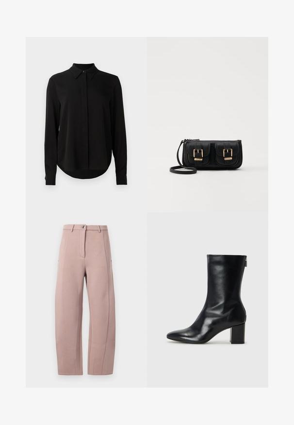 Čierna blúzka s dlhým rukávom, špicatým golierom, skrytou gombíkovou légou a zakriveným lemom na jasne bielom pozadí.; Nohavice z jemnej, svetloružovej tkaniny so strvývým strihom, s predným zipsom, s gombíkovým zapínaním a bočnými vreckami. Hladká textúra s detailmi švov.; Čierne kožené členkové topánky s špicatou špičkou a blokovým podpätkom vysokým 4 cm. Elegantný dizajn obsahuje bočný zips pre jednoduché obúvanie. Hladká textúra.; Čierna kožená crossbody taška s dvoma prednými vreckami, zlatými sponami, zipsovým uzatváraním a úzkym popruhom. Štruktúrovaný povrch a kompaktný obdĺžnikový tvar.