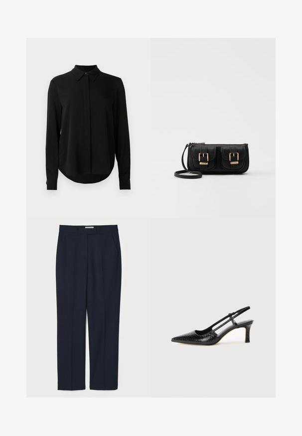 Black long-sleeve blouse with pointed collar, concealed button placket, and curved hem against a plain white background.; Navy blue tailored trousers made from a smooth fabric, featuring a flat front, side pockets, and a structured waistband.; Black patent slingback heel with a pointed toe, featuring textured snake print, adjustable strap, and a short, textured block heel.; Black leather crossbody bag with two front pockets, gold buckles, zipper closure, and a slim strap. Textured surface and compact rectangular shape.