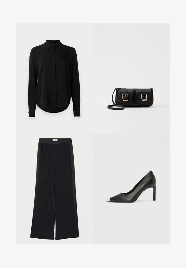 Black long-sleeve blouse with pointed collar, concealed button placket, and curved hem against a plain white background.; Wide-leg black trousers made of smooth fabric, featuring a flat waistband, pleats, and side pockets. Clean lines with minimal detailing.; Black leather high heel shoe with a pointed toe and a metallic silver cap. Features a smooth finish and a slender 10 cm heel.; Black leather crossbody bag with two front pockets, gold buckles, zipper closure, and a slim strap. Textured surface and compact rectangular shape.