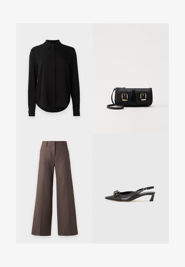 Black long-sleeve blouse with pointed collar, concealed button placket, and curved hem against a plain white background.; Brown wide-leg trousers made from a smooth fabric; features a flat front, belt loops, and vertical seams down the legs.; Black leather slingback shoe with pointed toe, small heel, and decorative buckle detail on the upper. Smooth texture, minimalistic design.; Black leather crossbody bag with two front pockets, gold buckles, zipper closure, and a slim strap. Textured surface and compact rectangular shape.