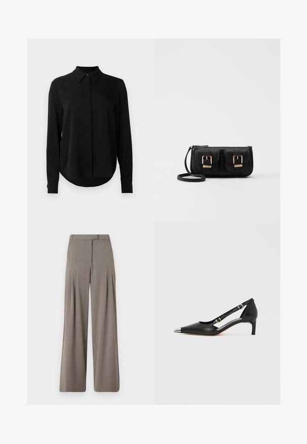 Zwarte blouse met lange mouwen, spitse kraag, verborgen knoopsluiting en afgeronde zoom tegen een eenvoudige witte achtergrond.; Wijd uitgesneden broek in lichtbruine stof, met plooien, een vlakke taille en een nette zoom. Soepele textuur met een subtiele glans.; Zwart leren kittenhak met puntige zilveren neus en dubbele gespsluitingen op een witte achtergrond.; Zwarte leren schoudertas met twee vo pockets, gouden gespen, ritsluiting en een smalle band. Tekstuur oppervlak en compacte rechthoekige vorm.