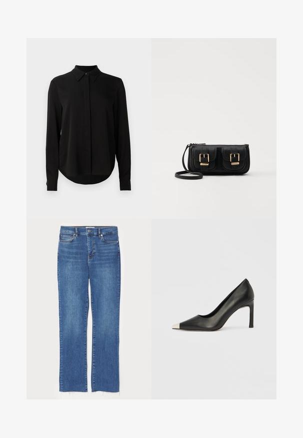 Mustat pitkähihaiset puserot, joissa on terävä kaulus, piilotettu nappilista ja kaareva helma yksinkertaista valkoista taustaa vasten.; Siniset farkut suoran leikkauksen kanssa, joissa on napin ja vetoketjun suljenta, viisi taskua ja rispaantuneet helmat alaosassa.; Musta nahkainen korkokenkä, jossa on kärkiosa ja metallinen hopeanvärinen kärki. Kenkä on sileäpintainen ja siinä on kapea 10 cm korko.; Musta nahkainen olkalaukku, jossa on kaksi etutaskua, kultaiset soljet, vetoketjukiinnitys ja kapea hihna. Teksturoidun pinnan ja kompaktin suorakaiteen muoto.