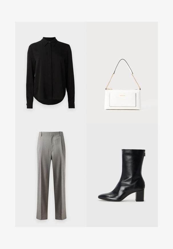 Juoda ilgomis rankovėmis blusa su smailiu apykakle, paslėptu mygtukų užsegimu ir kreivu hemu ant vientiso balto fono.; Pilkos pritaikytos kelnės su tiesia kojelėmis, plokščiu priekiu ir subtilia audinio tekstūra. Sukurtos su šoninėmis kišenėmis ir diržo kilpomis.; Juodų odinių kulkšninių botų su smailiu nosiu ir 4 cm pločio bloku. Išskirtinis dizainas pasižymi šoniniu užtrauktuku, leidžiančiu lengvai apsiauti. Lygi tekstūra.; Balta odinė rankinė su tekstūruotu paviršiumi, turinti auksinį grandinėlės dirželį ir juodas detales. Įskaičiuota priekinė kišenė ir užtrauktuko uždarymas.