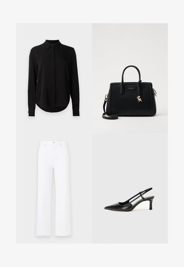 Zwarte blouse met lange mouwen, spitse kraag, verborgen knoopsluiting en afgeronde zoom tegen een eenvoudige witte achtergrond.; Witte denim jeans met een hoge taille en wijde pijpen. Bevat voorzakken, een knoopsluiting en subtiele stikseldetails.; Zwart patent slingback hak met een spitse neus, voorzien van een gestructureerde slangenprint, verstelbare band en een korte, gestructureerde blokhak.; Zwarte leren handtas met gestructureerd ontwerp, dubbele handvatten aan de bovenkant, afneembare schouderband, gouden hardware en een logo charm accent.