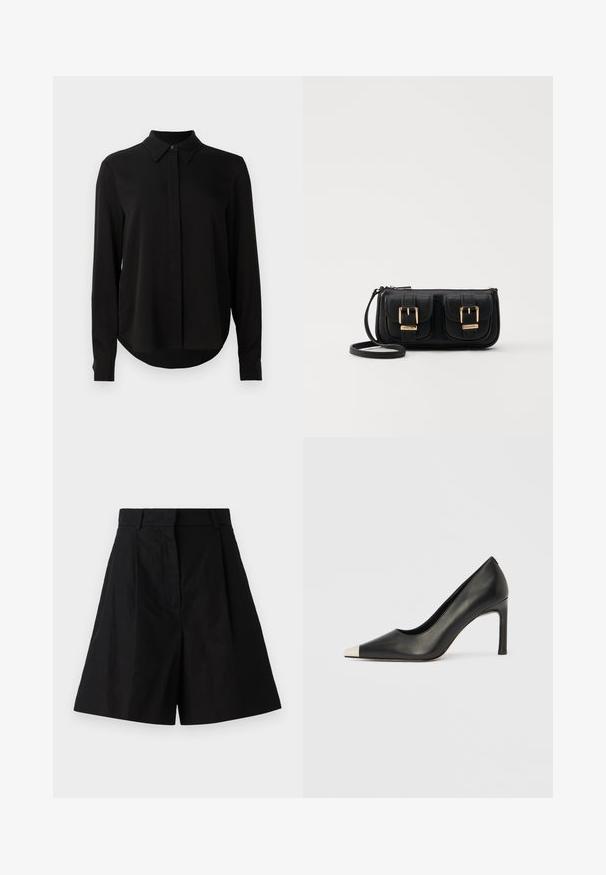 Schwarze Bluse mit langen Ärmeln, spitzem Kragen, verdeckter Knopfleiste und abgerundetem Saum vor einem schlichten weißen Hintergrund.; Schwarze hochtaillierte Shorts mit einem plissierten Design, ausgestattet mit Seitentaschen und einer glatten Stofftextur. Klare Linien und eine taillierte Passform.; Schwarzer Lederschuh mit hohem Absatz, spitz zulaufender Zehenpartie und metallischer silberner Spitze. Verfügt über eine glatte Oberfläche und einen schlanken 10 cm hohen Absatz.; Schwarze Leder-Umhängetasche mit zwei vorderen Taschen, goldenen Schnallen, Reißverschluss und einem schmalen Tragegurt. Texturierte Oberfläche und kompakte rechteckige Form.