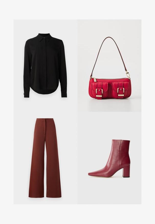 Mustmustärgne, pikkade varrukatega pluus terava kraega, varjatud nööpide ridadega ja kõverate servadega, valge tausta ees.; Laiad püksid tumesinises kangas, millel on nupuga sulgemine ja esikinnitusdetail. Sile tekstuur ja voolav siluett.; Burgundi värvi nahast pahkliku saapad, millel on terav varvas, plokknükk ja siletekstuur, esitledes sujuvat disaini ilma nähtava riistvarata.; Punane nahkplugin, millel on kaks esikotti, kuldne riistvara ja lukuga sulgemine. Omab kaarjat õlarihma ja tekstureeritud viimistlust.