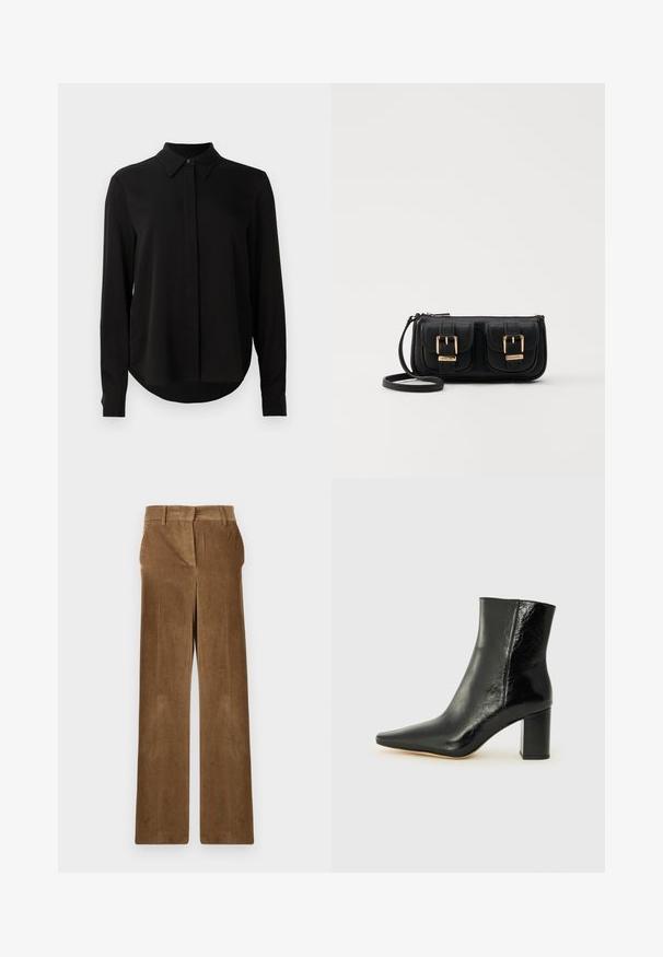 Black long-sleeve blouse with pointed collar, concealed button placket, and curved hem against a plain white background.; Brown corduroy wide-leg trousers with belt loops and front pockets, displayed flat against a white background.; Black ankle boot made of glossy leather with a pointed toe and a chunky, square heel. Features a smooth texture and minimalistic design.; Black leather crossbody bag with two front pockets, gold buckles, zipper closure, and a slim strap. Textured surface and compact rectangular shape.