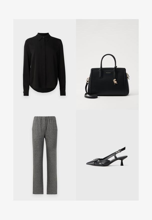 Fekete hosszú ujjú blúz hegyes gallérral, rejtett gombsorttal és ívelt aljjal egy sima fehér háttér előtt.; Szürke, textúrált nadrág rugalmas derékkal és egyenes fazonnal. Finom mintázattal rendelkezik a további vizuális érdekesség érdekében.; Fekete bőr slingback cipő hegyes orral, dekoratív pántokkal, fém szemekkel és alacsony blokk sarkú. Texturált felület.; Fekete bőr kézitáska strukturált dizájnnal, dupla felső fogantyúkkal, levehető vállpánttal, arany színű fémrészletekkel és logómedál díszítéssel.