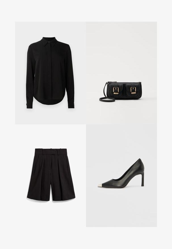 Bluză lungă neagră cu mâneci lungi, guler ascuțit, placket cu nasturi ascunși și tiv curbat pe un fundal alb simplu.; Pantaloni scurți negri, croiți, care prezintă un picior larg, pliseuri în față și un tiv plat cu bucle pentru curea. Textură de țesătură netedă.; Pantof cu toc înalt din piele neagră, cu vârf ascuțit și un capac metalic argintiu. Are un finisaj neted și un toc subțire de 10 cm.; Geantă neagră din piele, tip crossbody, cu două buzunare frontale, catarame aurii, închidere cu fermoar și o curea subțire. Suprafață texturată și formă rectangulară compactă.