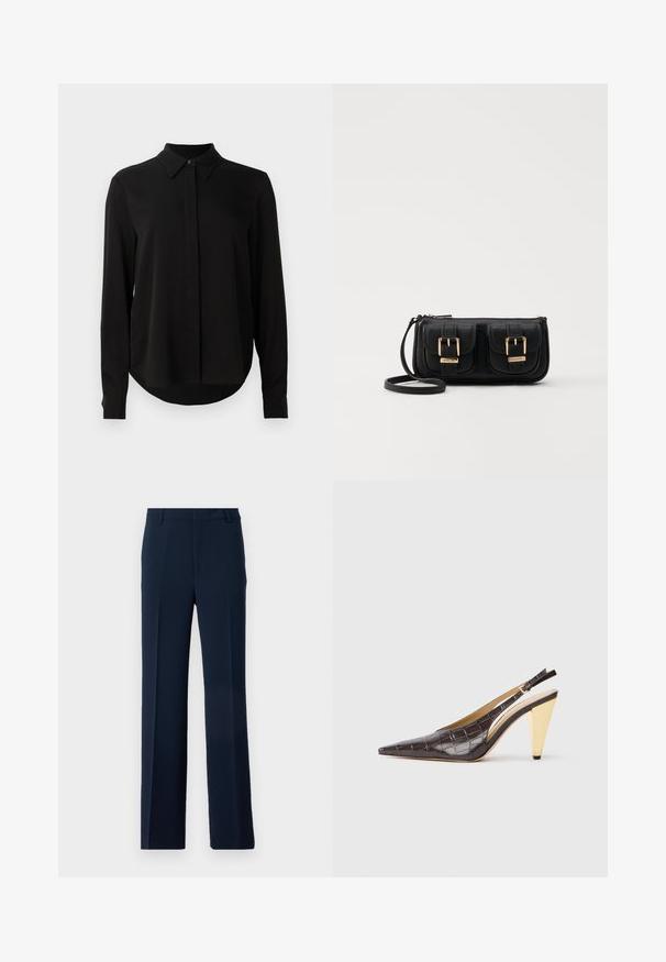 Black long-sleeve blouse with pointed collar, concealed button placket, and curved hem against a plain white background.; Navy blue trousers made of smooth fabric, featuring a straight leg design with front pleats and side pockets for a tailored look.; Pointed-toe slingback heel in dark brown glossy faux crocodile leather. Features a gold-tone geometric heel and adjustable ankle strap.; Black leather crossbody bag with two front pockets, gold buckles, zipper closure, and a slim strap. Textured surface and compact rectangular shape.