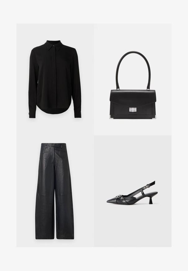 Mustmustärgne, pikkade varrukatega pluus terava kraega, varjatud nööpide ridadega ja kõverate servadega, valge tausta ees.; Mustad nahast laiad püksid, millel on sile tekstuur, struktuurne vöökohus ja peened õmblused.; Must must have must toote tõmblukuga, dekoratiivsed rihmad metallist silmadega ja madal blokk-kand. Tekstureeritud pind.; Mustmust mustkott mustmustu kujundusega, ülemise käepidemega ja hõbedase sulgemisega. Omab nurkades aktsente ja sujuvat tekstuuri.