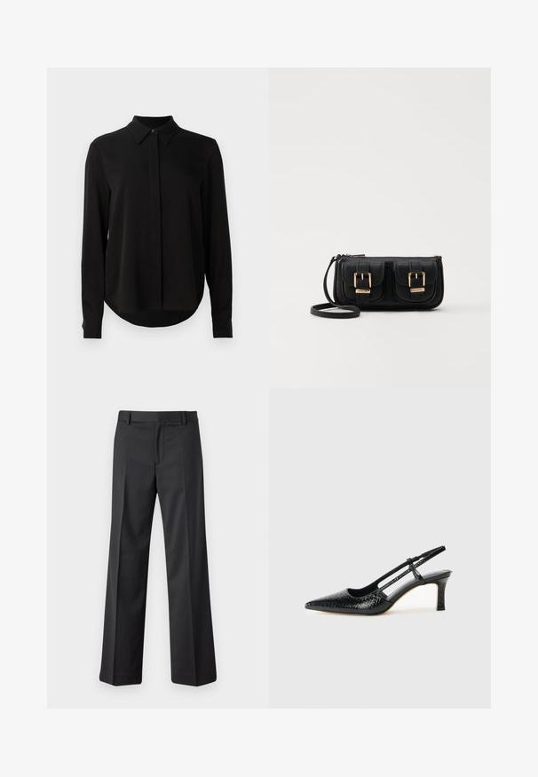 Juoda ilgomis rankovėmis blusa su smailiu apykakle, paslėptu mygtukų užsegimu ir kreivu hemu ant vientiso balto fono.; Juodos, plačios kojos kelnės, pagamintos iš sklandžios medžiagos. Turėtų juosmenį su dirželių kilpomis ir priekinius raukšles. Tiesus kirpimas iki kulkšnies.; Juodai lakuoti slingback aukštakulniai su smailiu nosiu, su tekstūruotu gyvatės raštu, reguliuojama juosta ir trumpu, tekstūruotu blokiniu kulnu.; Juodas odinis per petį nešiojamas krepšys su dviem priekiniais kišenėmis, auksiniais sagtimis, užtrauktuko uždarymu ir siauromis petnešomis. Textūruota paviršius ir kompaktiškas stačiakampis formatas.