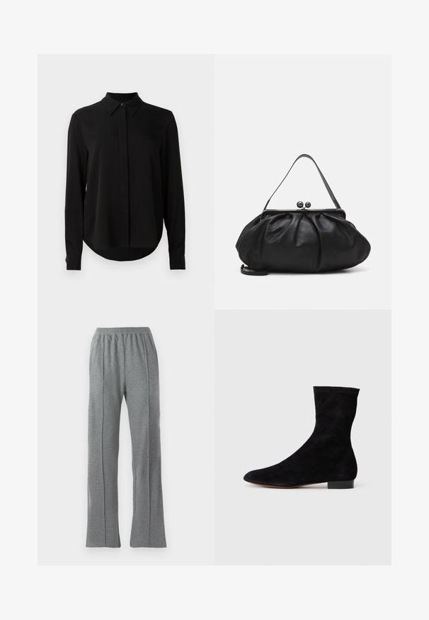 Blusa negra de manga larga con cuello puntiagudo, tapeta de botones oculta y dobladillo curvado sobre un fondo blanco liso.; Pantalones de chándal grises con cintura elástica, con un corte recto y sutiles detalles en las costuras laterales. Fabricados en una suave tela texturizada.; Botín de ante negro con caña ajustada, punta afilada y tacón bajo en bloque. Textura suave y diseño minimalista, adecuado para un estilo versátil.; Bolso de mano de cuero negro con un diseño redondeado y plisado. Cuenta con un cierre metálico con dos bolas decorativas y una correa delgada y desmontable.