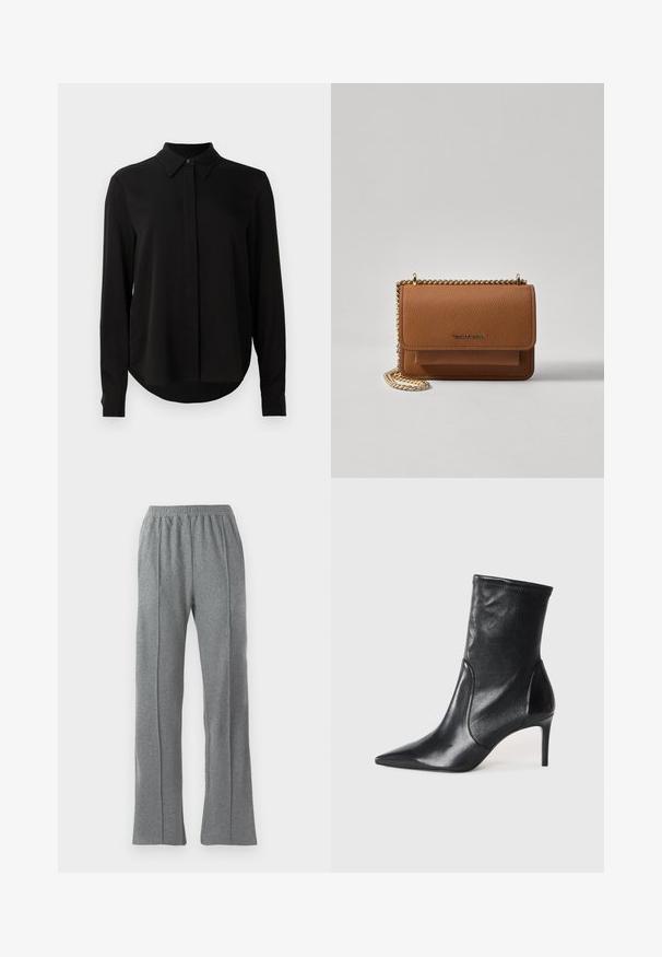 Sort langærmet bluse med spidse krave, skjult knaplukning og buet undertal mod en ensfarvet hvid baggrund.; Grå sweatpants med elastisk talje, der har lige ben og subtile side søm detaljer. Lavet af blødt, tekstureret stof.; Sorte ankelstøvler lavet af glat læder, med spids tå, tætsiddende skaft og en slank høj hæl. Minimalistisk design uden synligt hardware.; Brun tekstureret læder crossover-taske med guldkæde-rem og klaplukning. Forsiden har logo-detalje og en lomme under klappen.
