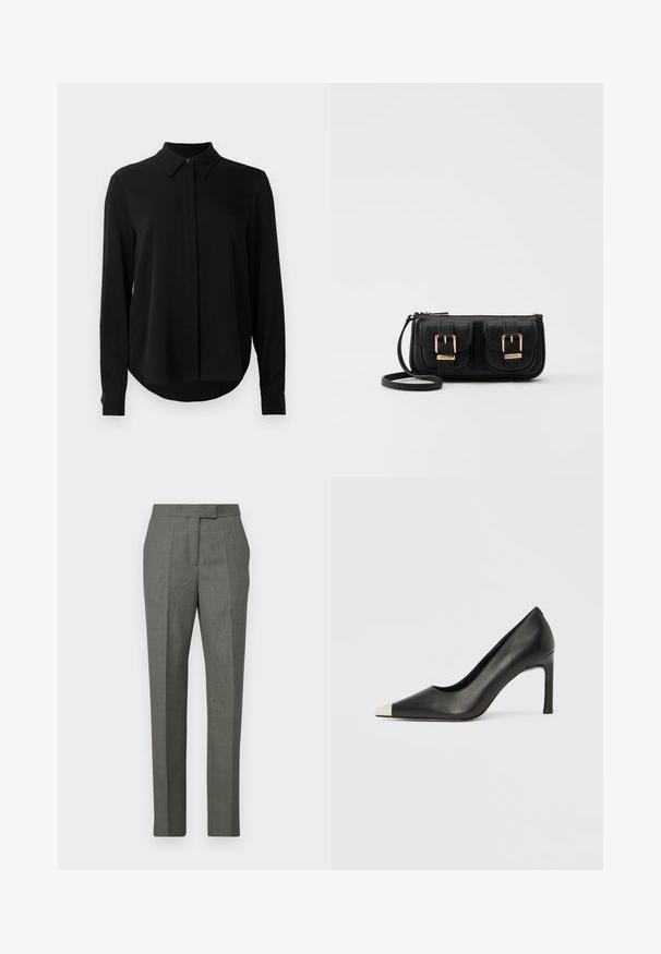 Mustmustärgne, pikkade varrukatega pluus terava kraega, varjatud nööpide ridadega ja kõverate servadega, valge tausta ees.; Hallid mustrid püksid sirge säärega disainiga, valmistatud kootud kangast, millel on lame esiosa ja vöökohal vöölõngad.; Mustast nahast kõrge kontsaga king terava varba ja metallik hõbedase otsikuga. Iseloomustab sile viimistlus ja sihvakas 10 cm konts.; Must küllastamata nahast õlakott, millel on kaks esist nähtavat taskut, kuldsed pandlad, tõmblukuga sulgemine ja peen rihm. Tekstuuriga pind ja kompaktne ristkülikukujuline kuju.