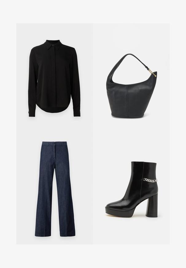 Zwarte blouse met lange mouwen, spitse kraag, verborgen knoopsluiting en afgeronde zoom tegen een eenvoudige witte achtergrond.; Donkere denim wijde pijpen broek met een knoopsluiting aan de voorkant, twee zijzakken en een soepele textuur. De stof heeft een subtiele glans.; Zwarte gepoetste leren enkelboot met een chunky plateau en hoge blokhak. Kenmerkt zich door een zilveren kettingaccent aan de zijkant. Glad textuur.; Zwarte leren handtas met een ronde vorm, een brede schouderriem en een gestructureerde afwerking. Bevat subtiele naaddetails en een gouden hardwareaccent.