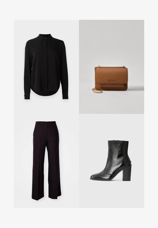 Black long-sleeve blouse with pointed collar, concealed button placket, and curved hem against a plain white background.; Black wide-leg trousers with a high waist, featuring a smooth texture and subtle front pleats, tailored for a structured fit.; Black leather ankle boot with a smooth texture, pointed toe, and a chunky high heel. Features a side opening and minimalistic design.; Brown textured leather crossbody bag with gold chain strap and flap closure. Front features logo detail and a pocket under the flap.