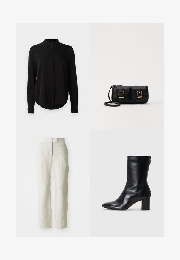 Melna garo piedurkņu blūze ar norādītu apkakli, slēptu pogu aizdari un izliekta apakšmala uz vienkārša balta fona.; Baltas lina bikses ar pielāgotu piegriezumu, ar plakanu priekšpusi un taisnām kājām. Gluda tekstūra ar nelielu krokainību.; Melna ādas potītes zābaks ar norādītu purngalu un 4 cm bloku papēdi. Gluds dizains ar sānu rāvējslēdzēju vieglai uzvilkšanai. Gluda tekstūra.; Melnas ādas crossbody soma ar divām priekšējām kabatām, zelta sprādzēm, ar rāvējslēdzēju aizdari un šauru siksnu. Strukturēta virsma un kompakta taisnstūra forma.