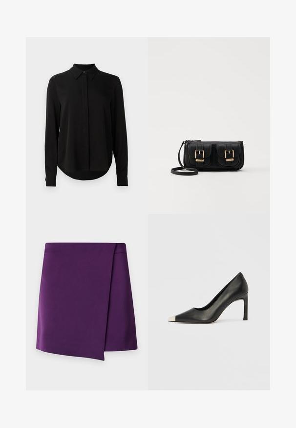 Czarna bluzka z długim rękawem i spiczastym kołnierzykiem, z ukrytą plaketą guzikową oraz zaokrąglonym dołem na jednolitym białym tle.; Fioletowa mini spódniczka o gładkiej teksturze, z ukośnym krojem i prostymi liniami. Brak widocznych elementów metalowych lub wzorów.; Czarny skórzany but na wysokim obcasie z ostrym noskiem i metaliczną srebrną nasadką. Posiada gładkie wykończenie i smukły obcas o wysokości 10 cm.; Czarna skórzana torba na ramię z dwoma przednimi kieszeniami, złotymi klamrami, zamkiem błyskawicznym i cienkim paskiem. Teksturowana powierzchnia i kompaktowy prostokątny kształt.