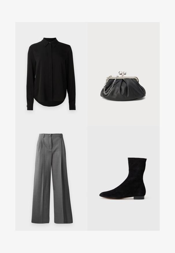 Mustmustärgne, pikkade varrukatega pluus terava kraega, varjatud nööpide ridadega ja kõverate servadega, valge tausta ees.; Hallid hallid lõdvad püksid, mis on valmistatud tekstuursetest kangast koos peene mustriga. Omavad ees pleeke ja vöökohaga, millel on rihma silmused.; Musthave mustan nahast pahkluu saabas, millel on kitsas vars, terav nina ja madal plokk-konts. Pehme tekstuur ja minimalistlik disain, sobib mitmekesiseks stiliseerimiseks.; Musthave musta nahast käekott, millel on volditud tekstuur, hõbedane metallraam, lukustatud sulgemismehhanism ja kett. Sile ja pehme pind.