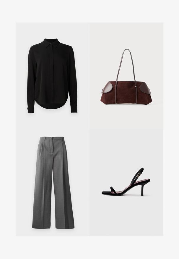Blouse noire à manches longues avec col pointu, patte de boutonnage dissimulée et ourlet arrondi sur fond blanc uni.; Pantalons larges gris en tissu texturé avec un motif discret. Présente des plis sur le devant et une ceinture avec passants.; Une sandale à talons hauts pour femmes en daim noir avec des lanières fines et une boucle dorée sur fond blanc, vue de côté.; Sac en daim marron avec des accents en cuir, forme structurée, double poignées, bords arrondis, présentant une texture lisse et un matériel minimal.