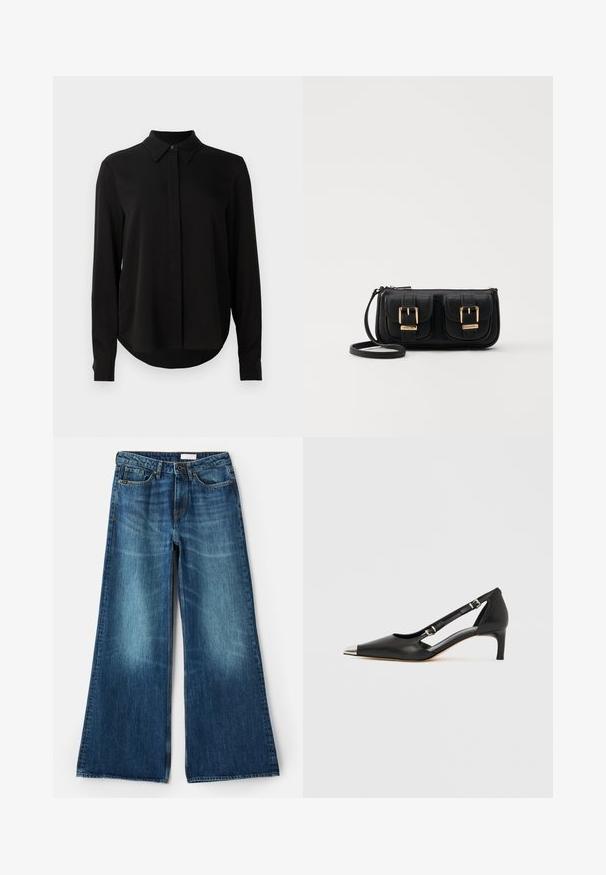 Melna garo piedurkņu blūze ar norādītu apkakli, slēptu pogu aizdari un izliekta apakšmala uz vienkārša balta fona.; Tiger of Sweden KINNE - Džinsi ar platām starām - medium blue; Melns ādas kurpju pāris ar zemu papēdi, smailu sudraba purngali un diviem sprādzēm uz balta fona.; Melnas ādas crossbody soma ar divām priekšējām kabatām, zelta sprādzēm, ar rāvējslēdzēju aizdari un šauru siksnu. Strukturēta virsma un kompakta taisnstūra forma.